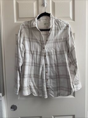 Jachs White and Light Gray Plaid Button-Down Shirt    - Medium